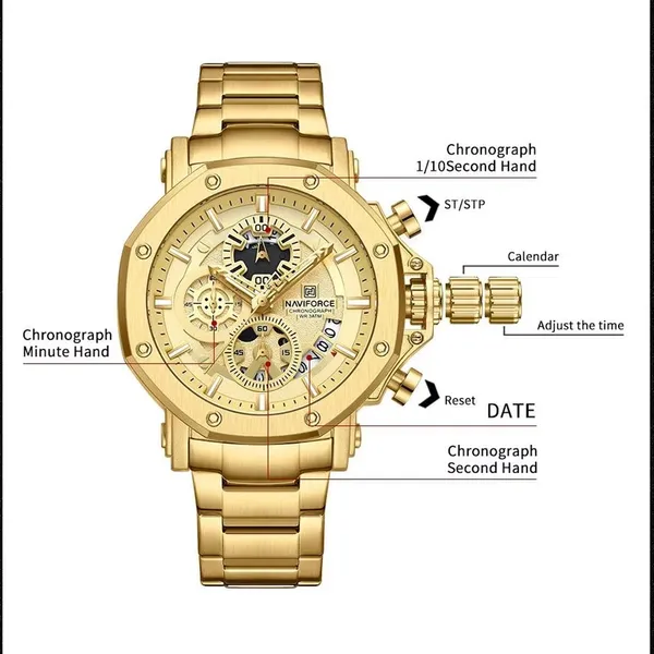 Naviforce 8065 CH Stainless Steel Casual & Sport Men's Watch – Dial Color: Gold, Strap Color: Gold  – View 3