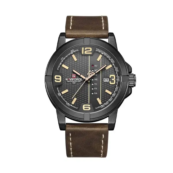 Naviforce NF9177 Top Quality Leather Strap Creative Calendar Unique Fashion Men's Watch – Dial Color: Black, Strap Color:  Brown  – View 1