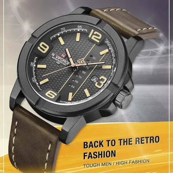 Naviforce NF9177 Top Quality Leather Strap Creative Calendar Unique Fashion Men's Watch – Dial Color: Black, Strap Color:  Brown  – View 2