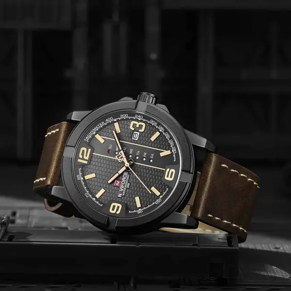 Naviforce NF9177 Top Quality Leather Strap Creative Calendar Unique Fashion Men's Watch – Dial Color: Black, Strap Color:  Brown  – View 3