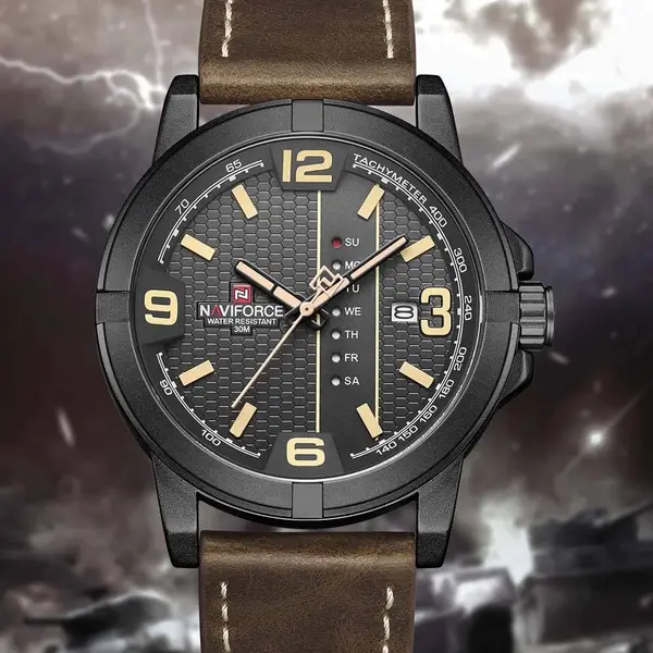 Naviforce NF9177 Top Quality Leather Strap Creative Calendar Unique Fashion Men's Watch – Dial Color: Black, Strap Color:  Brown  – View 4