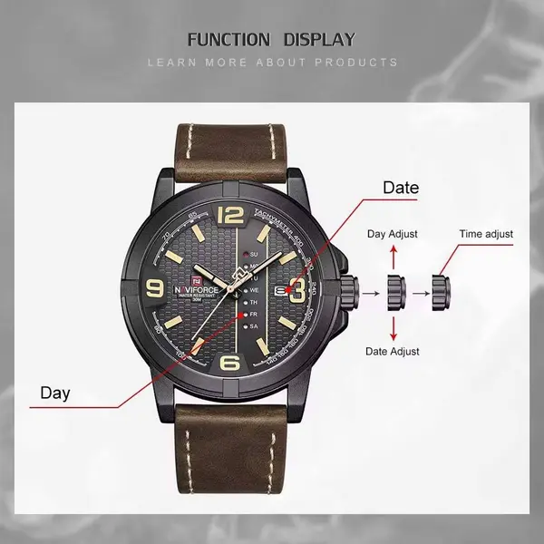 Naviforce NF9177 Top Quality Leather Strap Creative Calendar Unique Fashion Men's Watch – Dial Color: Black, Strap Color:  Brown  – View 5