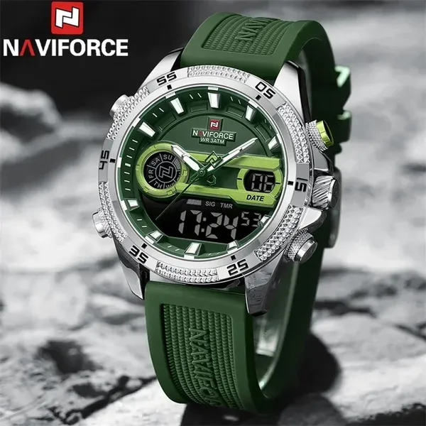 Naviforce 9223 Stainless Steel Dual Movement Military Sport Men's Watch – Dial Color: Green, Strap Color: Green  – View 2