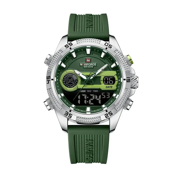 Naviforce 9223 Stainless Steel Dual Movement Military Sport Men's Watch – Dial Color: Green, Strap Color: Green  – View 1
