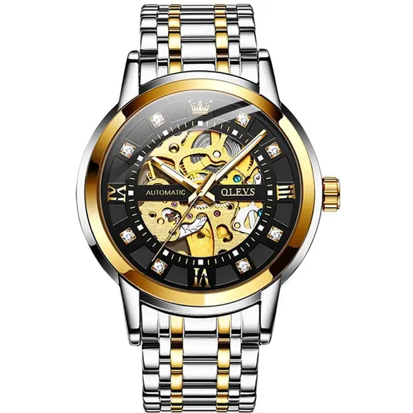 Olevs 9901 Diamond Hour Marker Stainless Steel Hollow Mechanical Men's Watch – Dial Color: Black Gold, Strap Color: White Gold – View 1