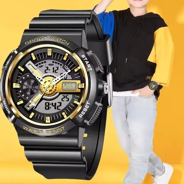 LIGE 8939 Digital Analog High Quality PU Leather Women’s Sports Watch – Dial Color: Black, Strap Color: Black – View 3