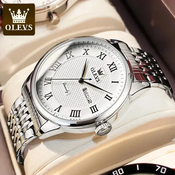 OLEVS 5562 Business Stainless Steel Waterproof Analog Quartz Men's Watch – Dial Color: White, Strap Color: Silver – View 3