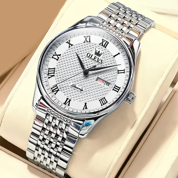 OLEVS 5562 Business Stainless Steel Waterproof Analog Quartz Men's Watch – Dial Color: White, Strap Color: Silver – View 4