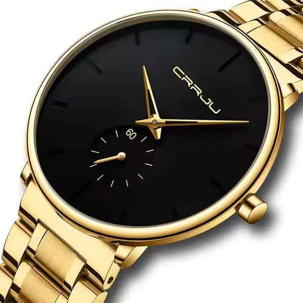 CRRJU 2150 Luxury Stainless Steel Slim Mesh Band Casual Men’s Watch – Dial Color: Black, Strap Color: Gold  – View 1