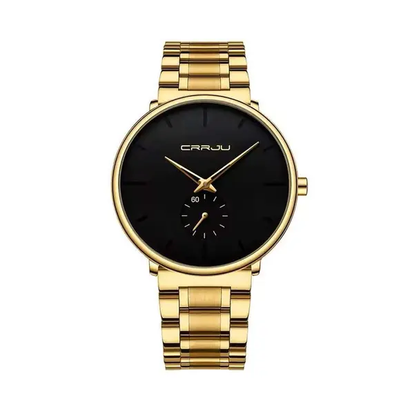 CRRJU 2150 Luxury Stainless Steel Slim Mesh Band Casual Men’s Watch – Dial Color: Black, Strap Color: Gold  – View 2