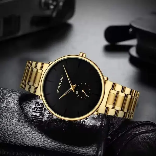 CRRJU 2150 Luxury Stainless Steel Slim Mesh Band Casual Men’s Watch – Dial Color: Black, Strap Color: Gold  – View 3