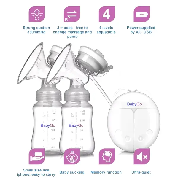 Double Pump Electric Portable Manual Breast Pump with 2 Bottles – View 2