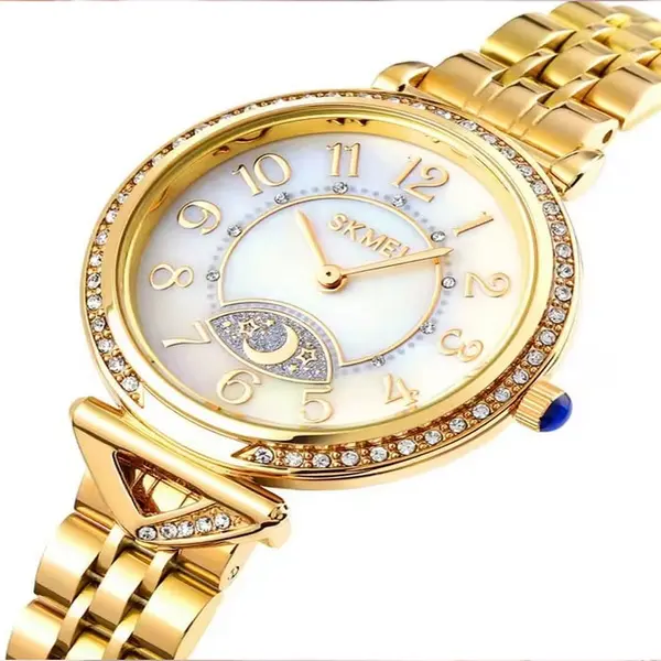 SKMEI 1658 Star Moon Dial Design Ladies Wristwatch – Dial Color: White, Strap Color: Gold  – View 2