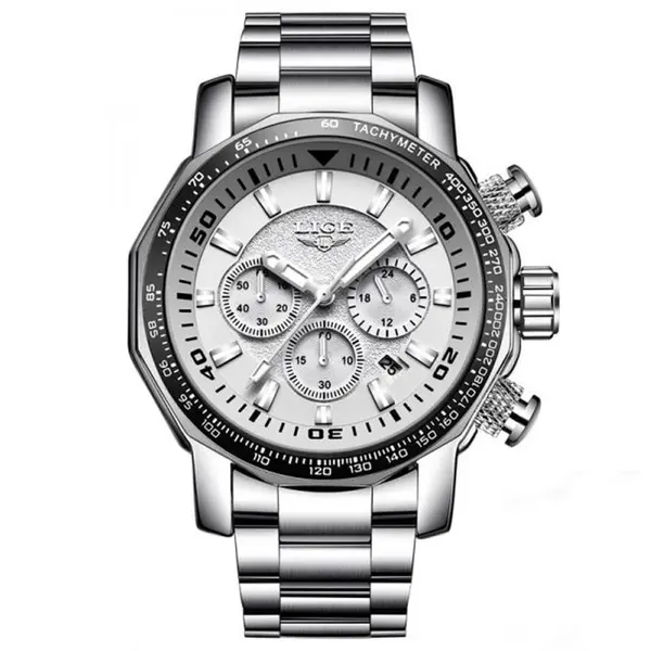 LIGE 9871 Stainless Steel Analog Quartz Casual Men's Watch – Dial Color: White, Strap Color: White – View 1