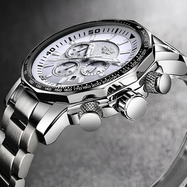 LIGE 9871 Stainless Steel Analog Quartz Casual Men's Watch – Dial Color: White, Strap Color: White – View 2