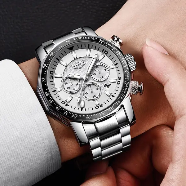 LIGE 9871 Stainless Steel Analog Quartz Casual Men's Watch – Dial Color: White, Strap Color: White – View 3