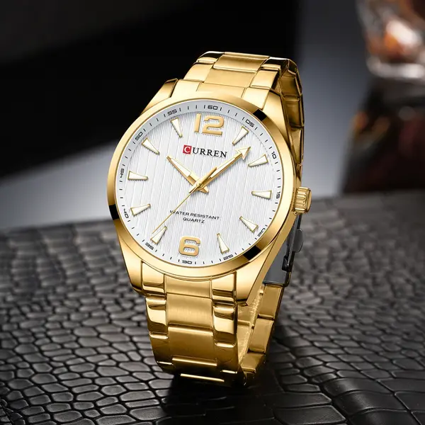 Curren 8434 Stainless Steel Analog Simple Classic Men's Watch – Dial Color: White, Strap Color: Gold  – View 2