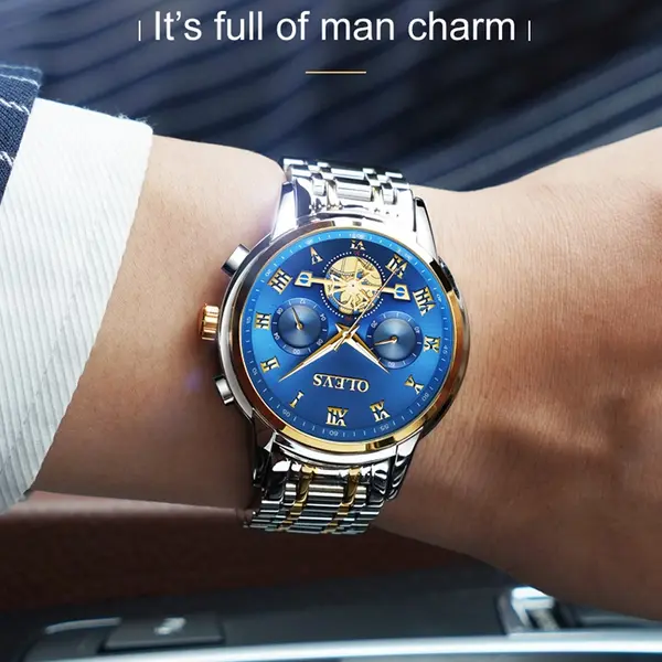 OLEVS 2859 Steampunk Style Stainless Steel Waterproof Men's Chronograph Watch – Dial Color: Blue, Strap Color: White Gold – View 4