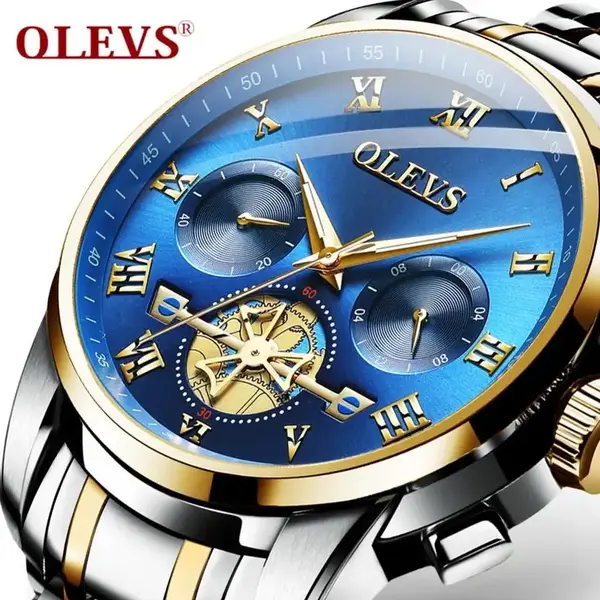 OLEVS 2859 Steampunk Style Stainless Steel Waterproof Men's Chronograph Watch – Dial Color: Blue, Strap Color: White Gold – View 3