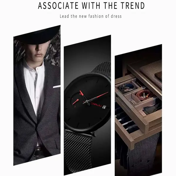 CRRJU 2258 Effortless Sophistication High Quality Black Stainless Steel Simple Casual Men's Watch – Dial Color: Red, Strap Color: Black – View 3