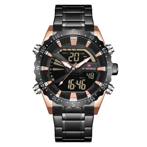NAVIFORCE NF9136 Stainless Steel Dual Time Men's Watch – Dial Color: Rose, Strap Color: Black – View 1