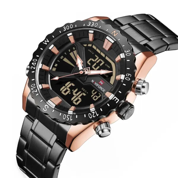 NAVIFORCE NF9136 Stainless Steel Dual Time Men's Watch – Dial Color: Rose, Strap Color: Black – View 2