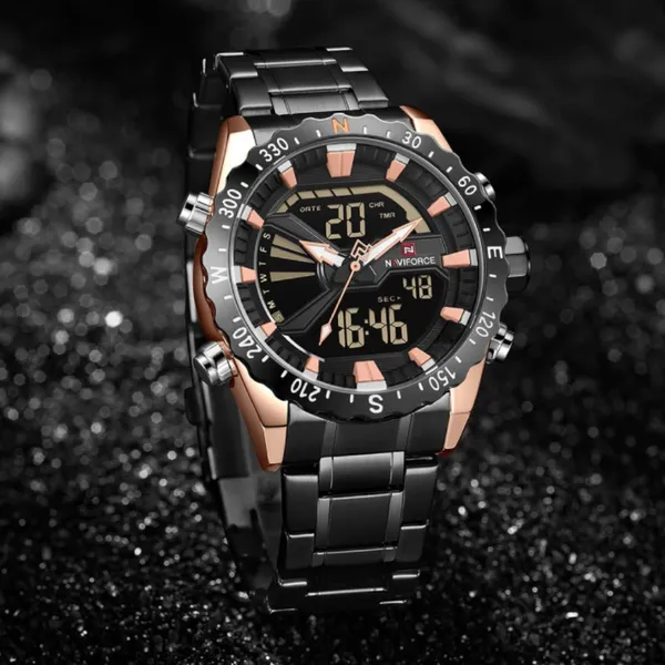 NAVIFORCE NF9136 Stainless Steel Dual Time Men's Watch – Dial Color: Rose, Strap Color: Black – View 3