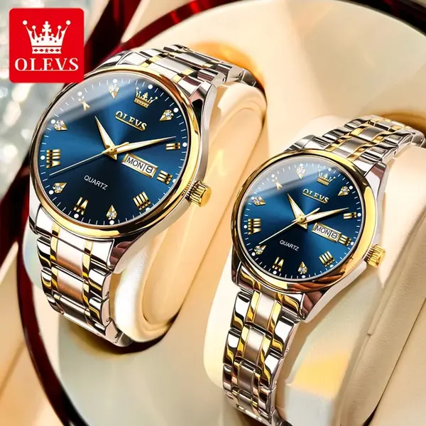 Olevs 5563 Diamond Studded Stainless Steel Waterproof Quartz Analog Watch for Couples – Dial Color: Blue, Strap Color: White Gold – View 5