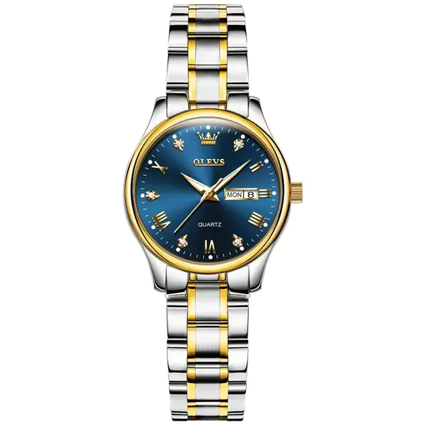 Olevs 5563 Diamond Studded Stainless Steel Waterproof Quartz Analog Watch for Couples – Dial Color: Blue, Strap Color: White Gold – View 4