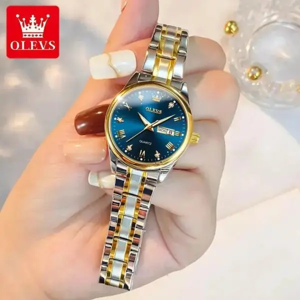 Olevs 5563 Diamond Studded Stainless Steel Waterproof Quartz Analog Watch for Couples – Dial Color: Blue, Strap Color: White Gold – View 3