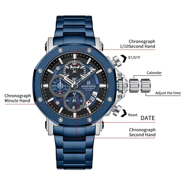 Naviforce 8065 CH Stainless Steel Casual & Sport Men's Watch – Dial Color: Blue, Strap Color: Blue – View 3