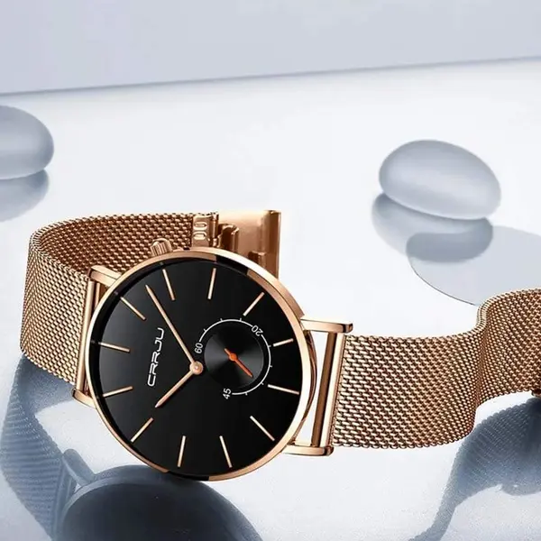 CRRJU 2220 Comfortable Mesh Stainless Steel Ultra Slim Modern Fashion Men's Watch – Dial Color: Black, Strap Color: Gold – View 2