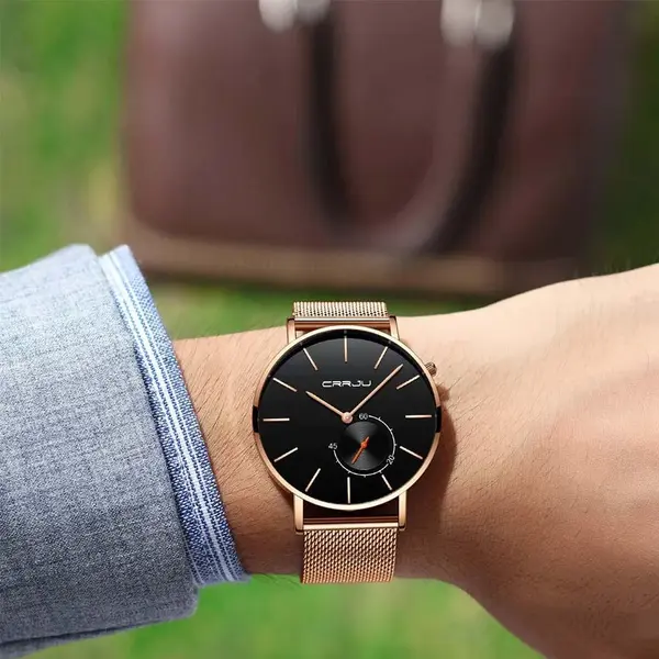 CRRJU 2220 Comfortable Mesh Stainless Steel Ultra Slim Modern Fashion Men's Watch – Dial Color: Black, Strap Color: Gold – View 3