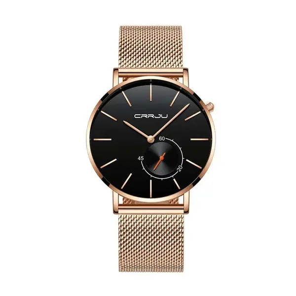 CRRJU 2220 Comfortable Mesh Stainless Steel Ultra Slim Modern Fashion Men's Watch – Dial Color: Black, Strap Color: Gold – View 1