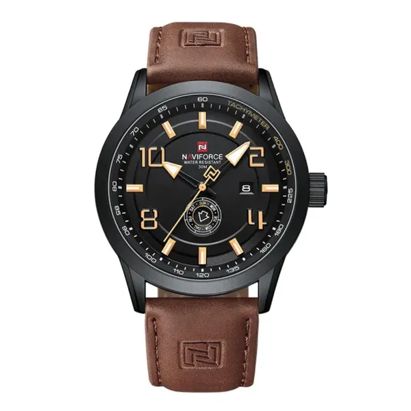 NAVIFORCE NF9229 Youth Retro Fashion Luminous Quartz Men's Watch – Dial Color: Yellow, Strap Color:  Brown  – View 1