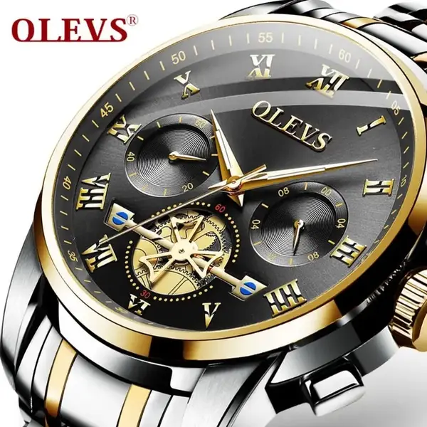 OLEVS 2859 Steampunk Style Stainless Steel Waterproof Men's Chronograph Watch – Dial Color: Black, Strap Color: White Gold – View 3
