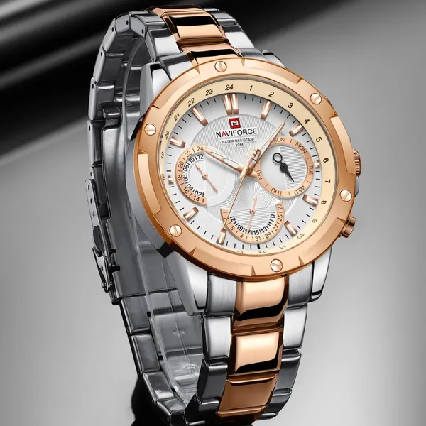 NAVIFORCE NF9196 Silver Stainless Steel Chronograph Men's Watch – Dial Color: White, Strap Color: Silver – View 3