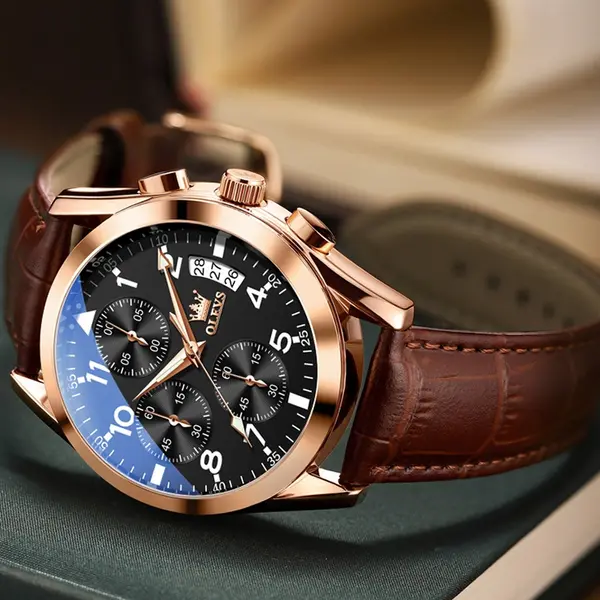 OLEVS 2878 Elite Sports Stainless Steel Chronograph Men's Analog Watch  – Dial Color: Black, Strap Color:  Brown  – View 2