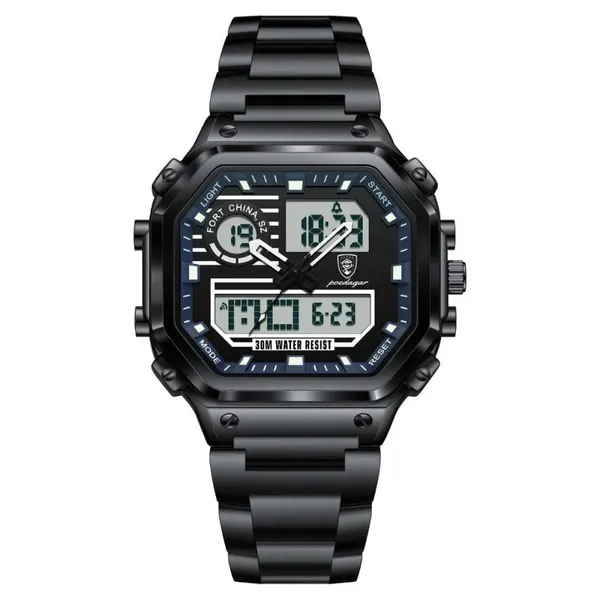 Poedagar 993 Sports Waterproof Dual Display Men’s Watch – Dial Color: Black, Strap Color: Black – View 1