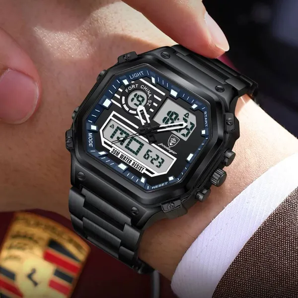 Poedagar 993 Sports Waterproof Dual Display Men’s Watch – Dial Color: Black, Strap Color: Black – View 3
