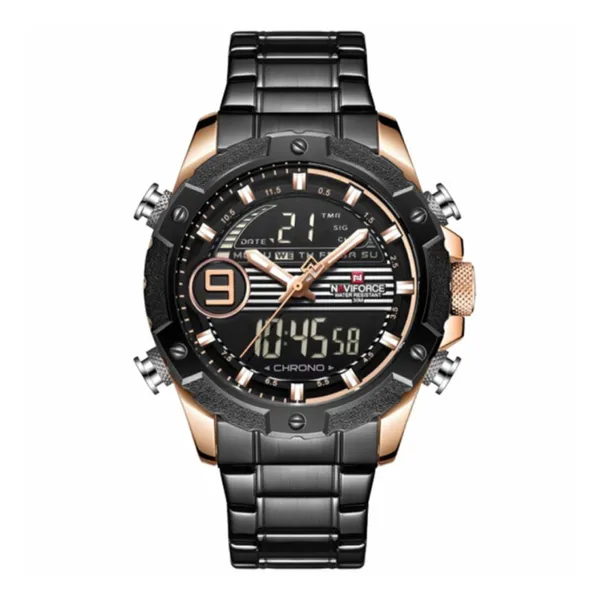 Naviforce NF9146 Double Time Waterproof Dual LCD Quartz Men's Watch  – Dial Color: Rose, Strap Color: Black – View 1