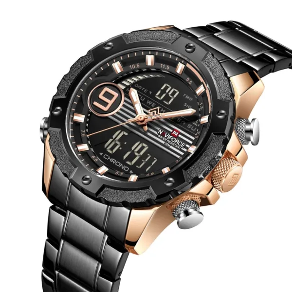 Naviforce NF9146 Double Time Waterproof Dual LCD Quartz Men's Watch  – Dial Color: Rose, Strap Color: Black – View 2