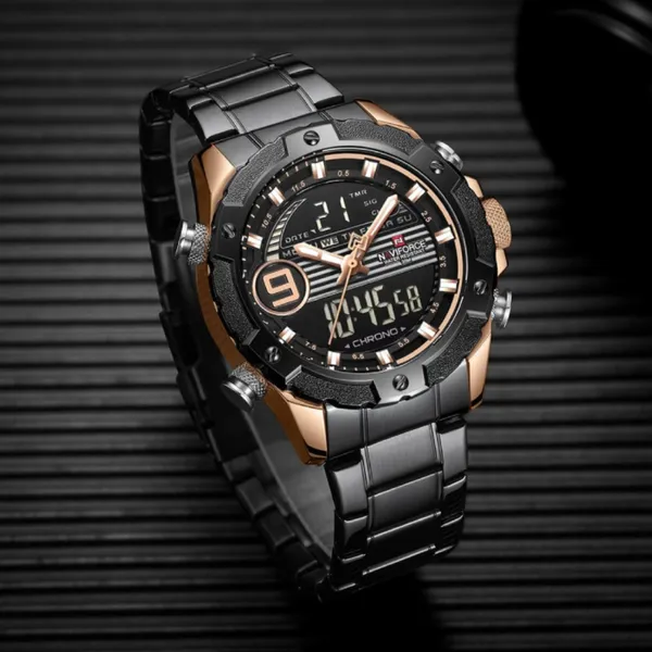 Naviforce NF9146 Double Time Waterproof Dual LCD Quartz Men's Watch  – Dial Color: Rose, Strap Color: Black – View 3