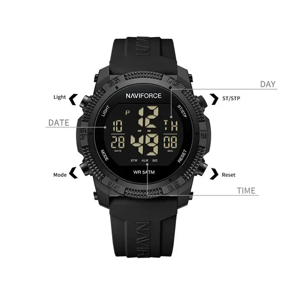 NAVIFORCE NF7104 Luminous Silicone Digital Acrylic Men's Watch  – Dial Color: Black, Strap Color: Black – View 4