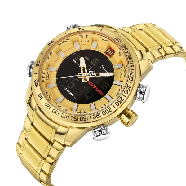 NAVIFORCE NF9093 Luxurious Stainless Steel Dual Time Men's Watch – Dial Color: Gold, Strap Color: Gold  – View 2
