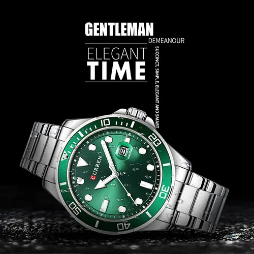 Curren 8388 High Quality Stainless Steel Belt Calendar Men's Watch – Dial Color: Green, Strap Color: Silver – View 6