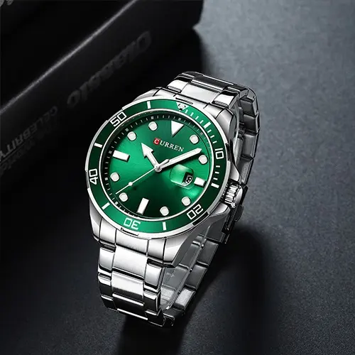 Curren 8388 High Quality Stainless Steel Belt Calendar Men's Watch – Dial Color: Green, Strap Color: Silver – View 3