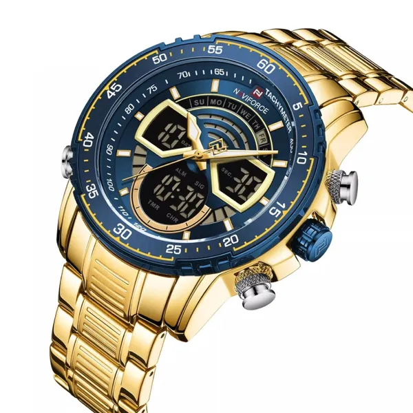 NAVIFORCE NF9189 Stainless Steel Dual Time Wrist Men's Watch – Dial Color: Blue, Strap Color: Gold  – View 2