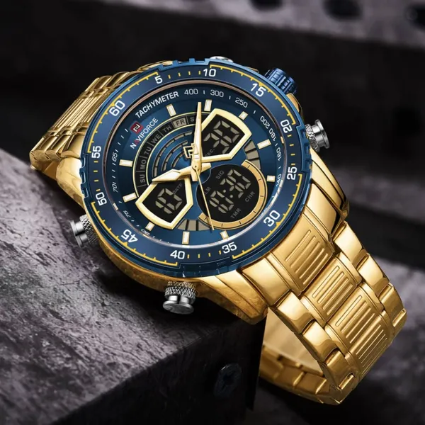 NAVIFORCE NF9189 Stainless Steel Dual Time Wrist Men's Watch – Dial Color: Blue, Strap Color: Gold  – View 4