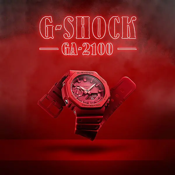 Casio GA-2100-1A DR BK G-Shock Men's Multifunctional Backlit Sports Analog Digital Wristwatch – Dial Color: Red, Strap Color: Red – View 6